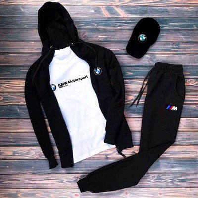 Комплект чоловічий спортивний костюм футболка кепка чорний/білий розмір XS 771111-black фото