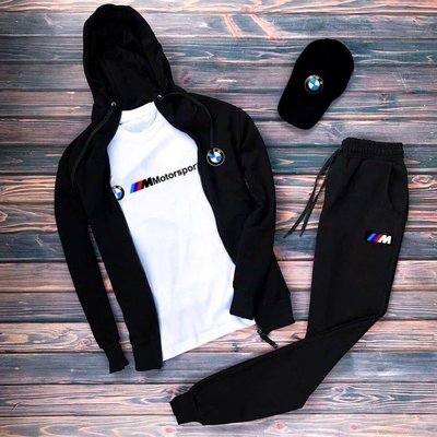 Комплект чоловічий спортивний костюм футболка кепка чорний/білий розмір XS 771111-black-1 фото