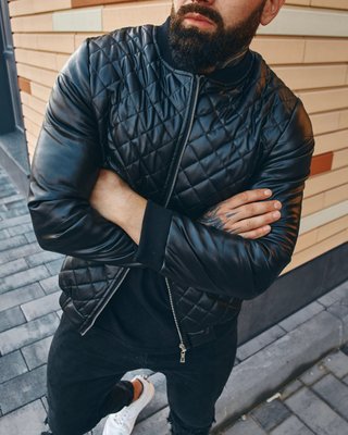 куртка чоловіча шкіряна кожанка осіння чорна Ромб D0008 фото