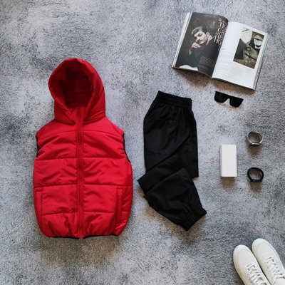 Комплект чоловічий жилет та спортивні штани плащівка червоний/чорний розмір S 712-SL фото