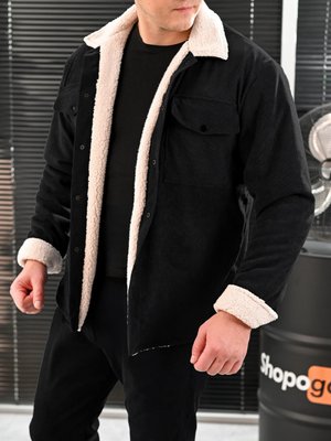 Чоловіча куртка-сорочка вельветова на хутрі, піджак на овчині чорний 771071 фото