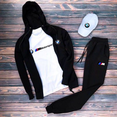 Комплект чоловічий спортивний костюм футболка кепка чорний/білий розмір XS 771111-1 фото