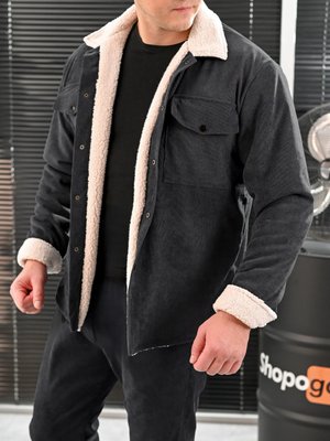 Чоловіча куртка-сорочка вельветова на хутрі, піджак на овчині графіт 771071-1 фото