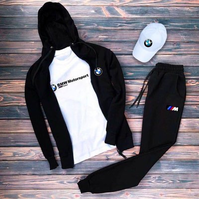 Комплект чоловічий спортивний костюм футболка кепка чорний/білий розмір XS 771111-2 фото