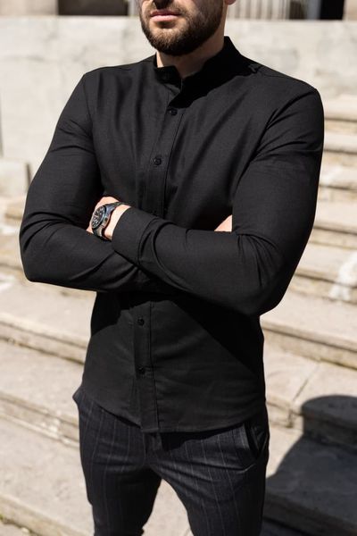 Чоловіча сорочка льон класична приталена однотонна з довгим рукавом чорна 770498-1-kairo фото