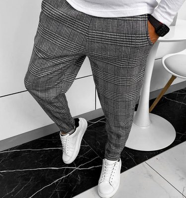 Чоловічі штани класичні завужені, штани молодіжні приталені, модні брюки клітка велика 770281-4 фото