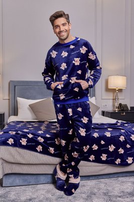 Піжама чоловіча махрова з принтом, комплект домашній кофта і штани Ведмідь синій 5241TV фото