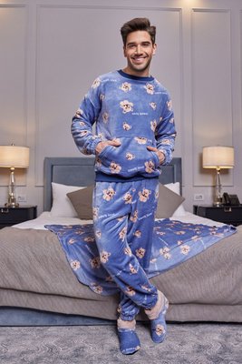 Піжама чоловіча махрова з принтом, комплект домашній кофта і штани Ведмідь блакитний 5241TV-1 фото